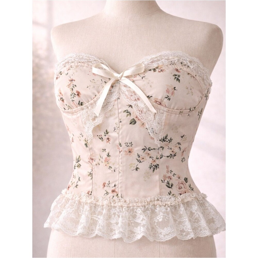 Cider Floral Lace Bustier Crop Top - Cream & Blush with ruffle lace
